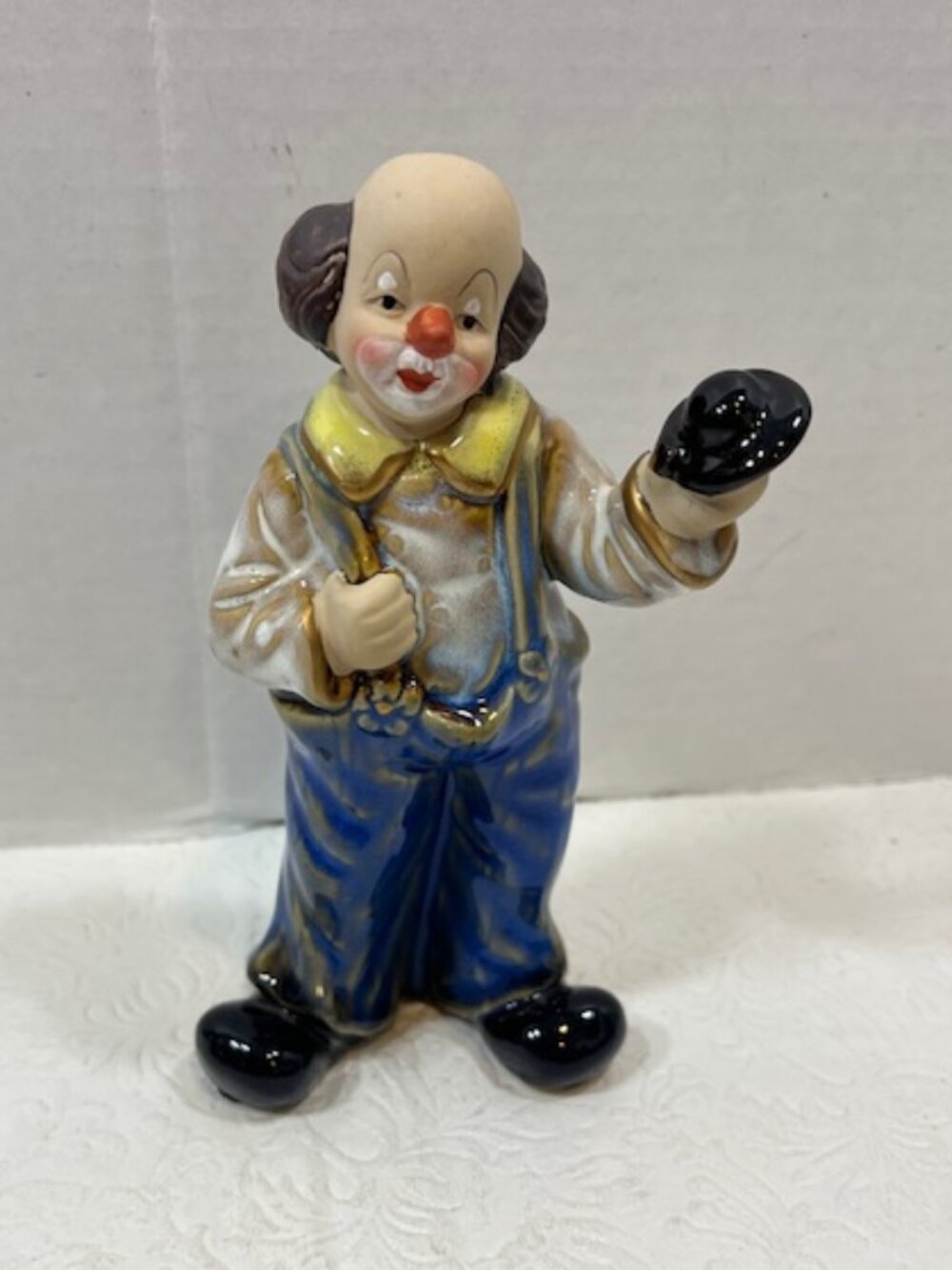 Vintage-Style Ceramic Hobo Circus Clown Figurine Glazed Finish Blue Overalls